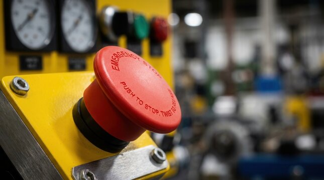 Red emergency stop button on a yellow panel as industrial safety equipment detail.