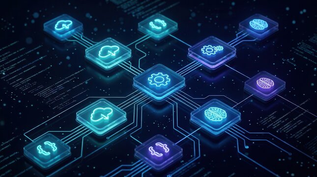 Technological diagram of an AI automation workflow featuring digital code and cloud computing elements.