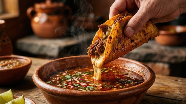 Crispy quesabirria taco dipped into a bowl of steaming hot beef consome broth.