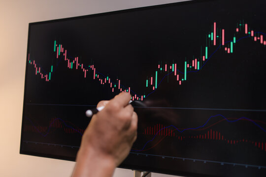 Professional trader analyzing stock market charts on laptop, tablet, and monitor while reviewing candlestick patterns, technical indicators, and market trends to support informed investment decisions.