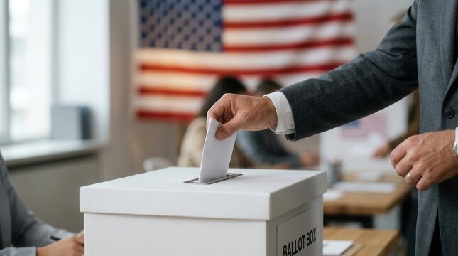 A hand casting a ballot into a voting box as part of the American election and democratic process.