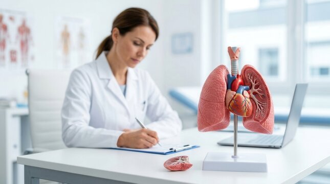 Doctor analyzing respiratory system anatomy for diseases like lung cancer, asthma, COPD, bronchitis, emphysema, cystic fibrosis, bronchiectasis, pneumonia, and pleural effusion.