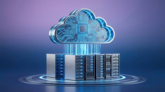 Advanced cloud computing infrastructure featuring a glowing metallic cloud icon with digital circuits transferring data streams to server racks for global connectivity.