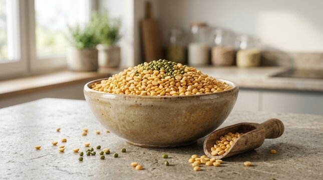 Yellow split peas served in a rustic bowl with a wooden scoop on a kitchen counter with copy space.