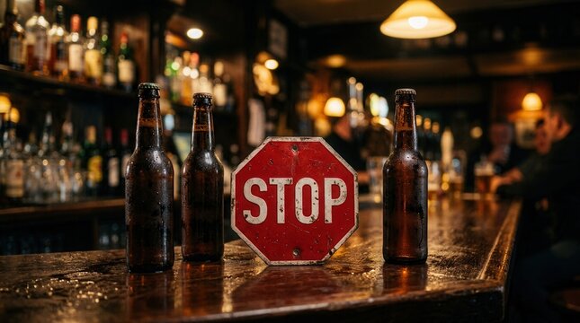 A red stop sign and beer bottles sitting on a wet bar counter in a dark pub setting.