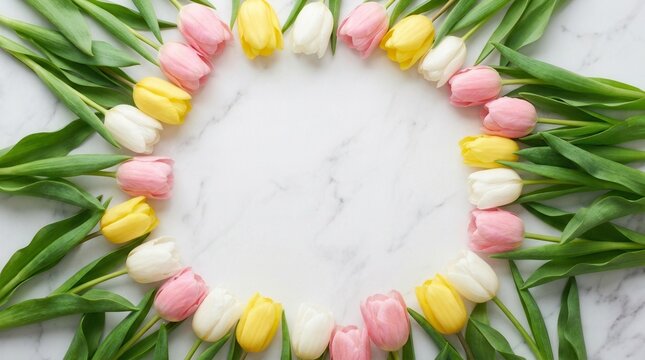 Frame of colorful tulips and green leaves on a white marble background for spring floral design.