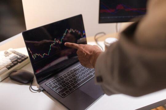 Professional trader analyzing stock market charts on laptop, tablet, and monitor while reviewing candlestick patterns, technical indicators, and market trends to support informed investment decisions.