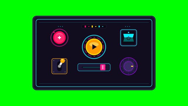 Animated control panel interface with glowing buttons and sliders on green screen