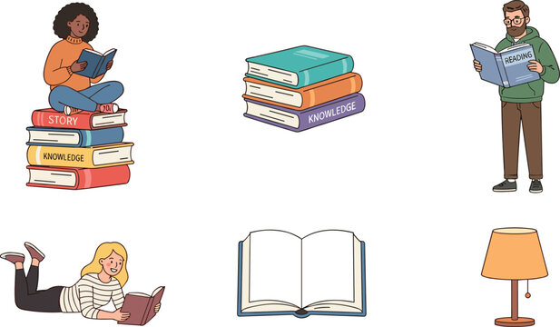 Reading books education library vector character set with people studying literature, stack of knowledge textbooks, open textbook, and cozy learning hobby illustrations
