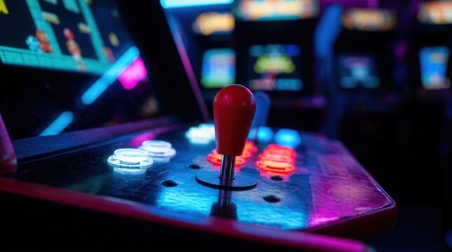 Colorful arcade machine with joystick and buttons illuminated in neon lights.