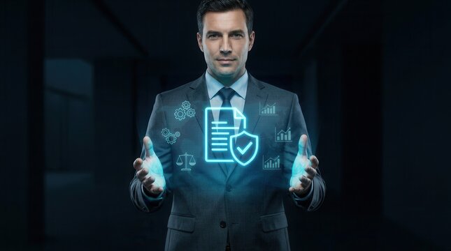 A business person holding a digital hologram showing a compliance system for regulation, standards, laws, and policies.