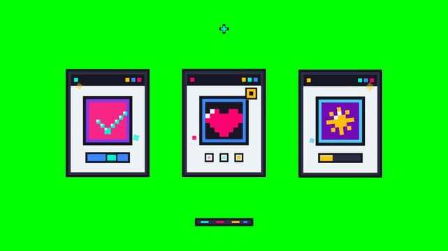 Animated pixel art windows displaying arcade game icons on green screen