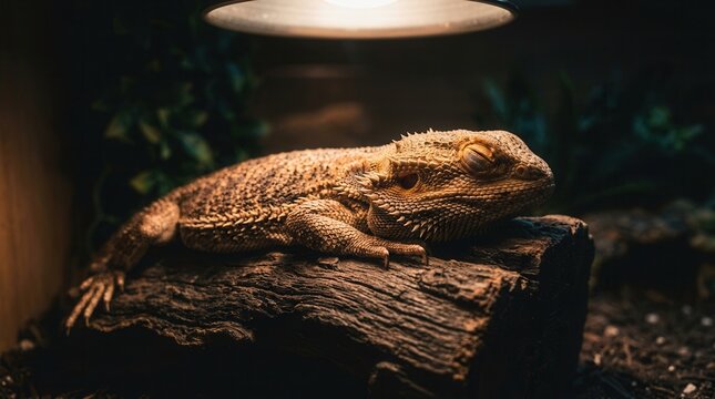 A bearded dragon resting peacefully on a wooden stump under warm light in a reptile enclosure.