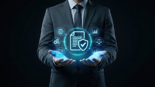A business person holding a digital hologram showing a compliance system for regulation, standards, laws, and policies.