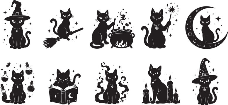 Halloween Black Cat Witch Silhouette Collection with Broomstick, Cauldron, Magic Wand, Crescent Moon, Spell Book, Ghost and Witch Hat