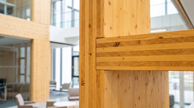 Close up of cross laminated timber beam construction in a modern building