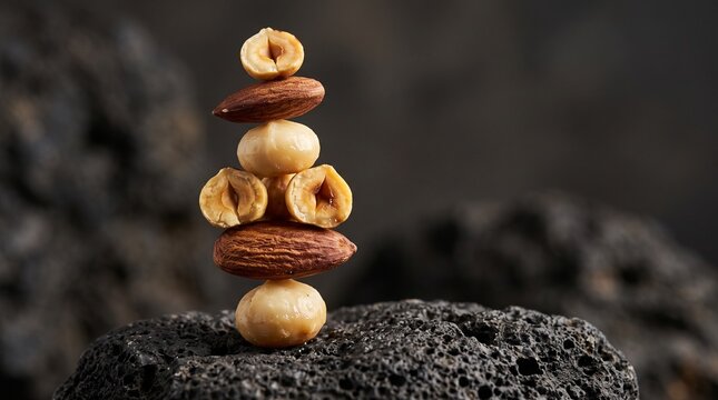 A precarious tower of hazelnuts and almonds balanced on a dark volcanic rock