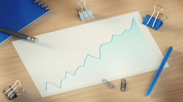 Upward trending line graph printed on paper surrounded by office supplies. Concept of business growth, financial performance, revenue, investment and positive market trends. 3D Render Animation
