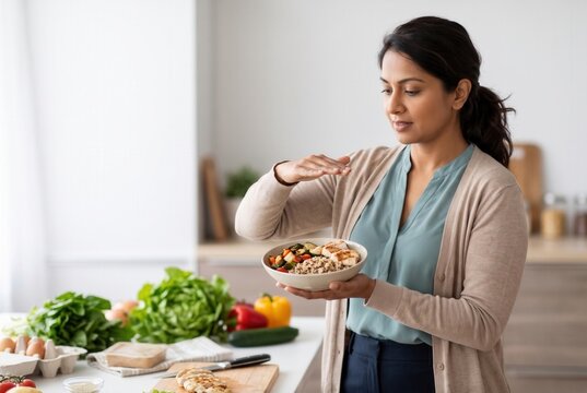 Woman standing in kitchen, holding a bowl with healthy food, and showing a portion size