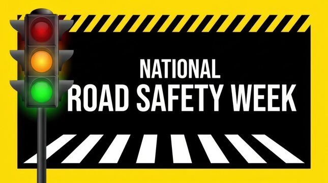 Road safety week banner featuring traffic light signal and zebra crossing for public transport awareness campaign art.