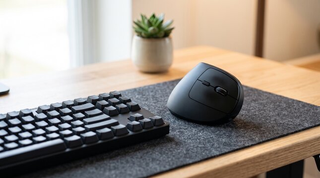 Ergonomic vertical computer mouse and keyboard on a felt desk mat