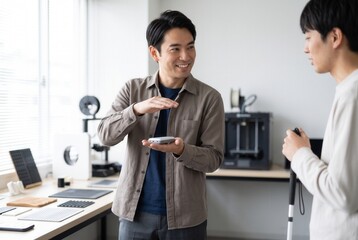 Fototapeta premium Engineer explaining a 3d printed prototype to a visually impaired man, focusing on accessibility design