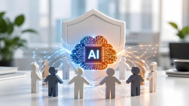Artificial intelligence cloud security shield surrounded by wooden human figures on a bright modern office desk with digital data waves
