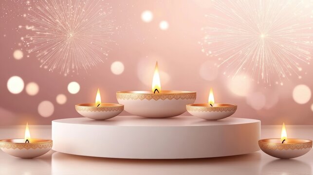 Banner design for diwali festival and podium,Diwali light decoration candle with fireworks,Stage,Product display Showcase design sparkle background,Deepavali,Dipavali,3D podium illustration.