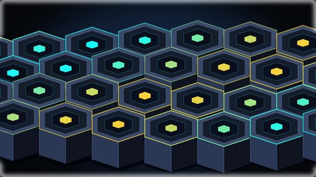 Looping 3d animation of moving hexagonal metal structures, abstract background, sci-fi technology