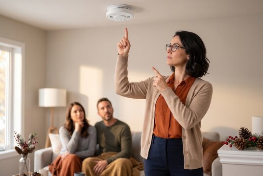Woman pointing to a smoke detector on the ceiling while couple listens intently