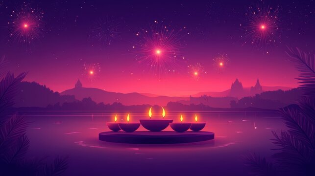 Banner design for diwali festival and podium,Diwali light decoration candle with fireworks,Stage,Product display Showcase design sparkle background,Deepavali,Dipavali,3D podium illustration.