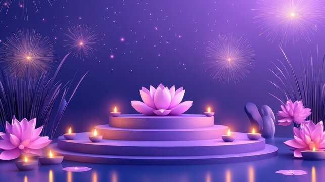 Banner design for diwali festival and podium,Diwali light decoration candle with fireworks,Stage,Product display Showcase design sparkle background,Deepavali,Dipavali,3D podium illustration.