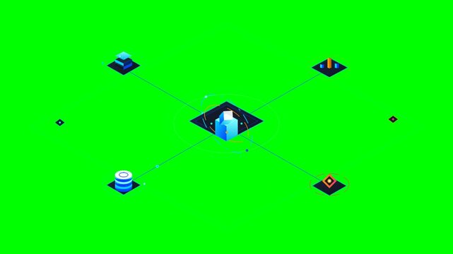Isometric digital network animation with connected nodes and central processing cube