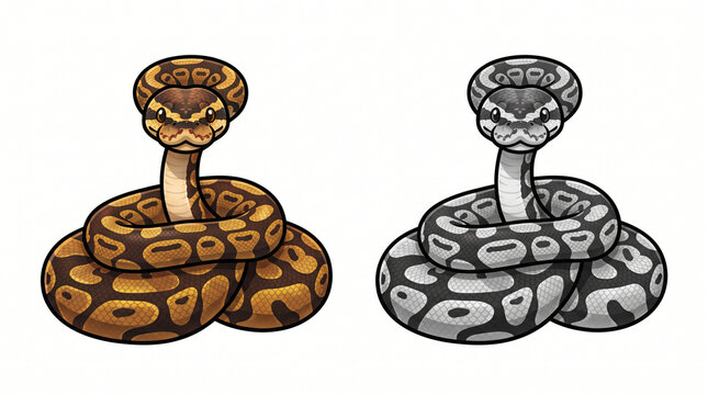 Two Identical Big 3D Ball Python Snake Illustrations &ndash; Colorful and Black-and-White Vector Set