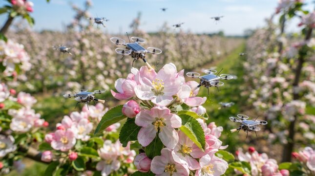 Micro drones pollinate blooming apple flowers in a rural agricultural orchard.