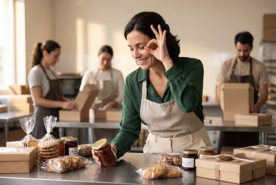 Woman smiling and showing ok gesture while packaging cookies and jam with team
