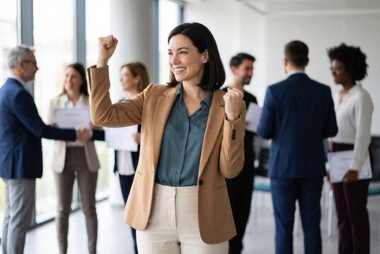 Professional woman celebrating achievement with raised fists, smiling among colleagues