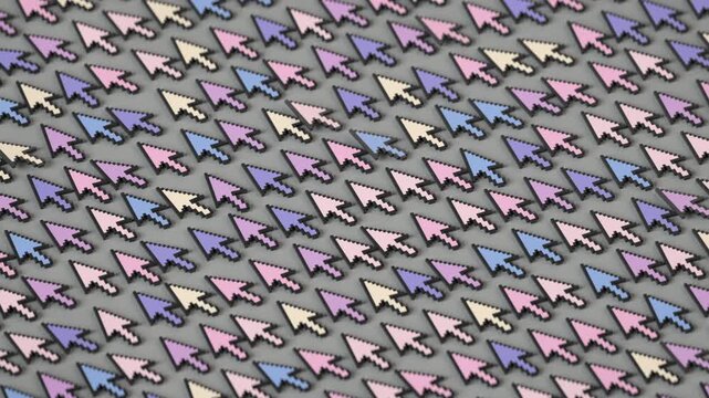 Repeating pattern of colorful pixel-style mouse pointer icons. Concept of computer interaction, clicking, digital interface, online activity and user navigation. 3D Render Animation