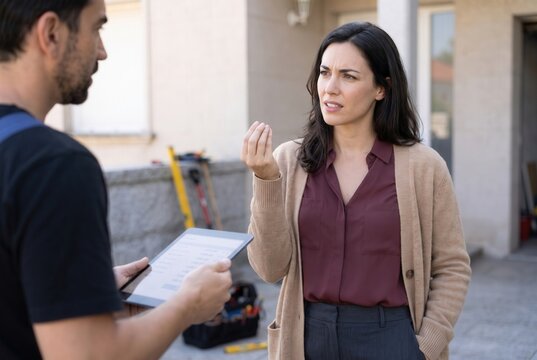 Woman feeling angry and confused about a handyman service invoice, discussing it with the worker