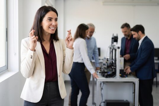 Businesswoman crossing fingers for hope and good luck while colleagues work on technology
