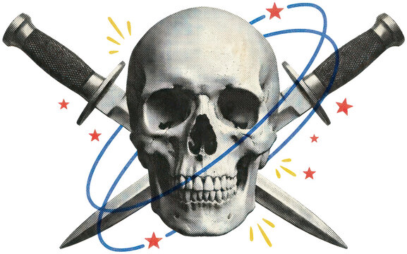 Retro halftone skull with crossed daggers and orbital lines.