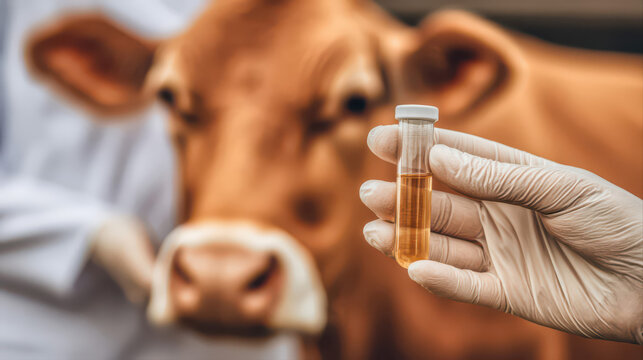 Macro shot of a gloved hand holding a test sample tube near a cow's moist nose. Ultra-detailed veterinary examination scene with sharp glass and glove textures.