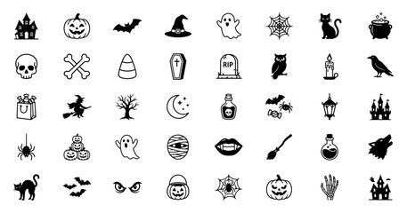 Obraz premium Set of halloween icons, spooky elements, holiday symbols, flat vector illustration