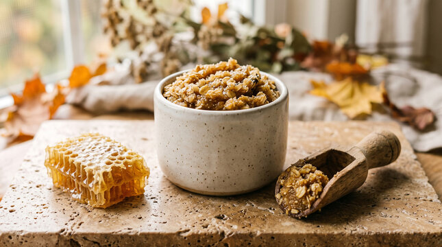 Oatmeal Porridge Bowl with Honey and Nuts on Wooden Table