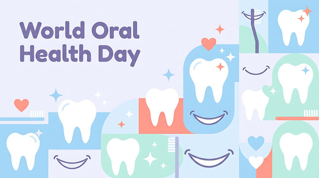 World Oral Health Day celebration with cartoon teeth and dental hygiene elements
