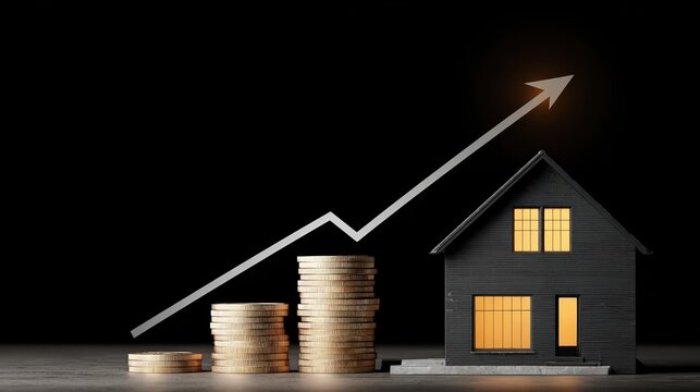 A photorealistic house sits atop coin stacks, illuminated by warm lights. A rising financial growth arrow symbolizes property income and real estate investment success.