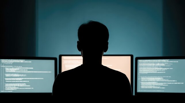 A hacker silhouette sits at a computer surrounded by blue-lit screens with programming code. This dark, cinematic scene depicts cybersecurity threats and digital intrusion.