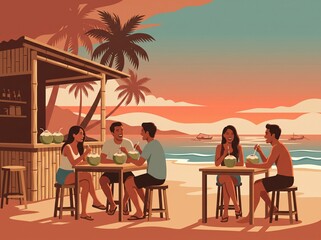 Fototapeta premium Flat vector illustration of a group of friends relaxing and drinking fresh coconuts at a tropical beach bar during sunset.