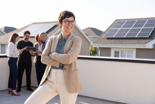 Professional woman standing with arms crossed, a team discussing in background with solar panels on rooftops