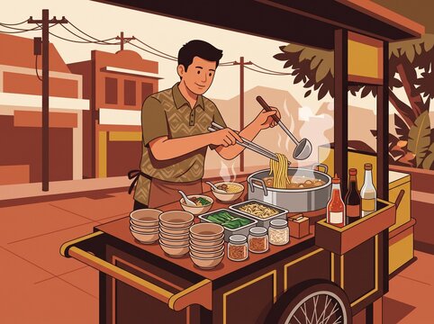 Flat vector illustration of a traditional Southeast Asian street food vendor cooking noodles at a wooden cart (gerobak) in a local neighborhood.